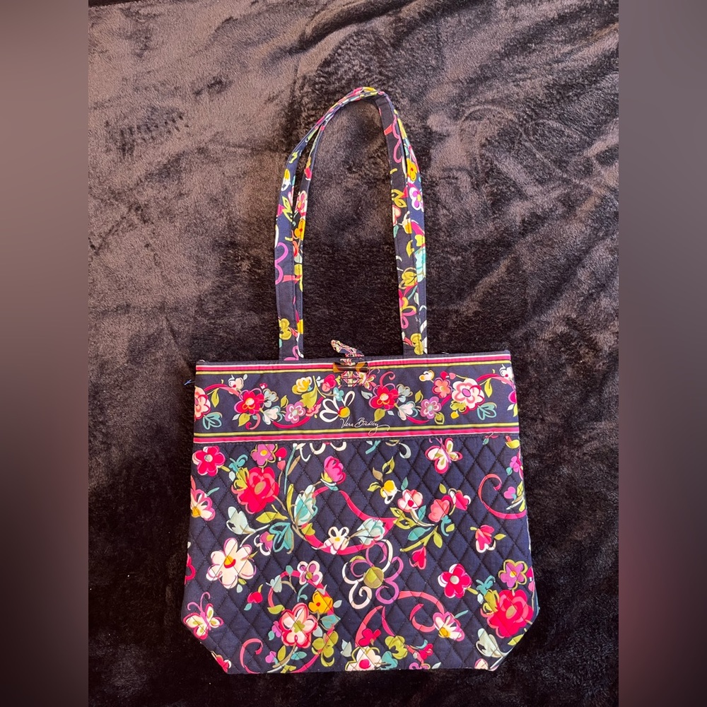 Vera Bradley Tote Bag. Retired Pattern Ribbons. Navy Background With Flo